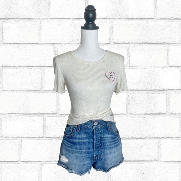 The Moon ‘I Don’t Like You’ Embroidered Ribbed Beige Pastel Top Size Medium - Picture 2 of 3